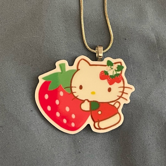 Handmade Jewelry - Hello Kitty Strawberry Pendant Necklace - Pink & Red Accessory
